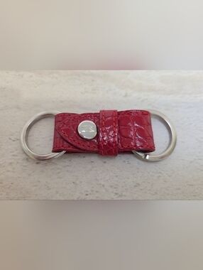 Red Croc-Texture Leather Key Ring with Silver Hardware